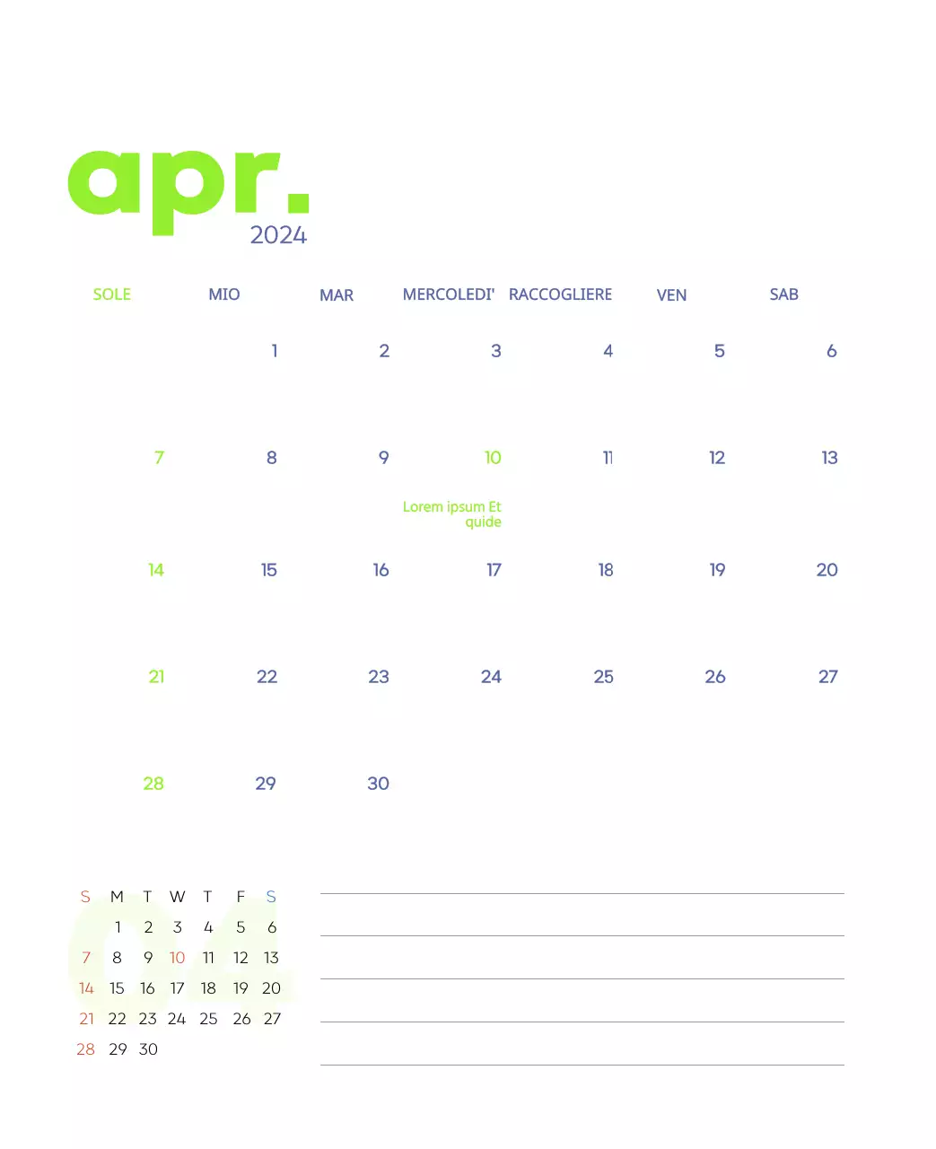 Calendario di lavoro con splendide illustrazioni