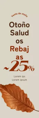 Promoción de otoño que destaca un descuento limpio con una imagen de hojas caídas en un color de acento marrón.