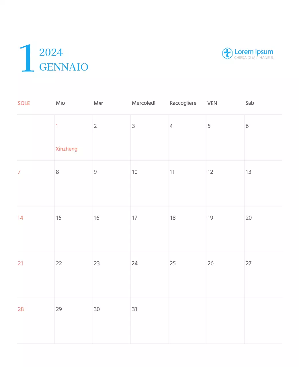 Calendario ecclesiastico blu di concezione moderna