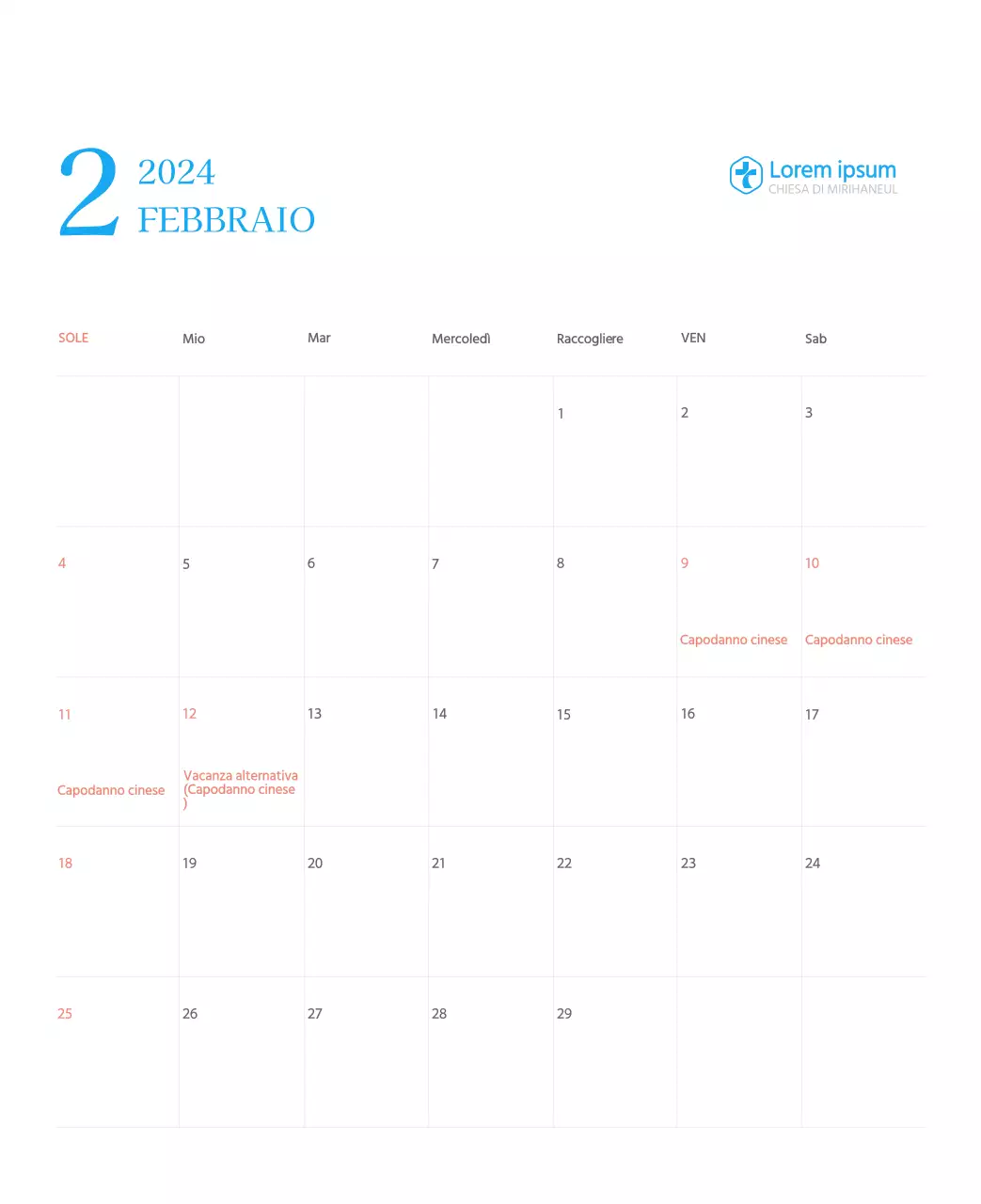 Calendario ecclesiastico blu di concezione moderna