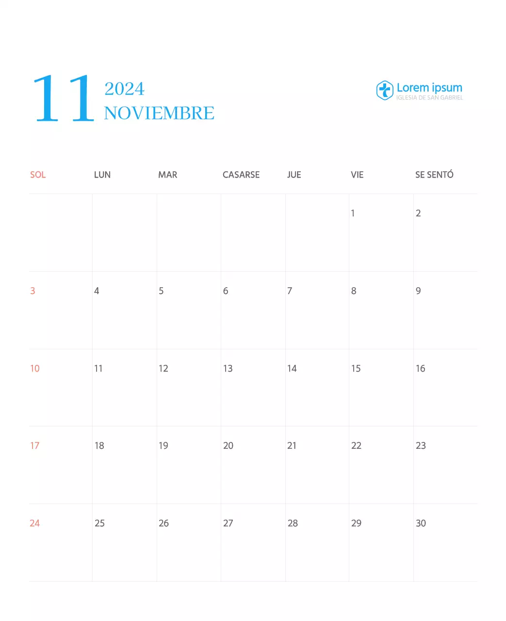 Calendario eclesiástico azul de concepto moderno