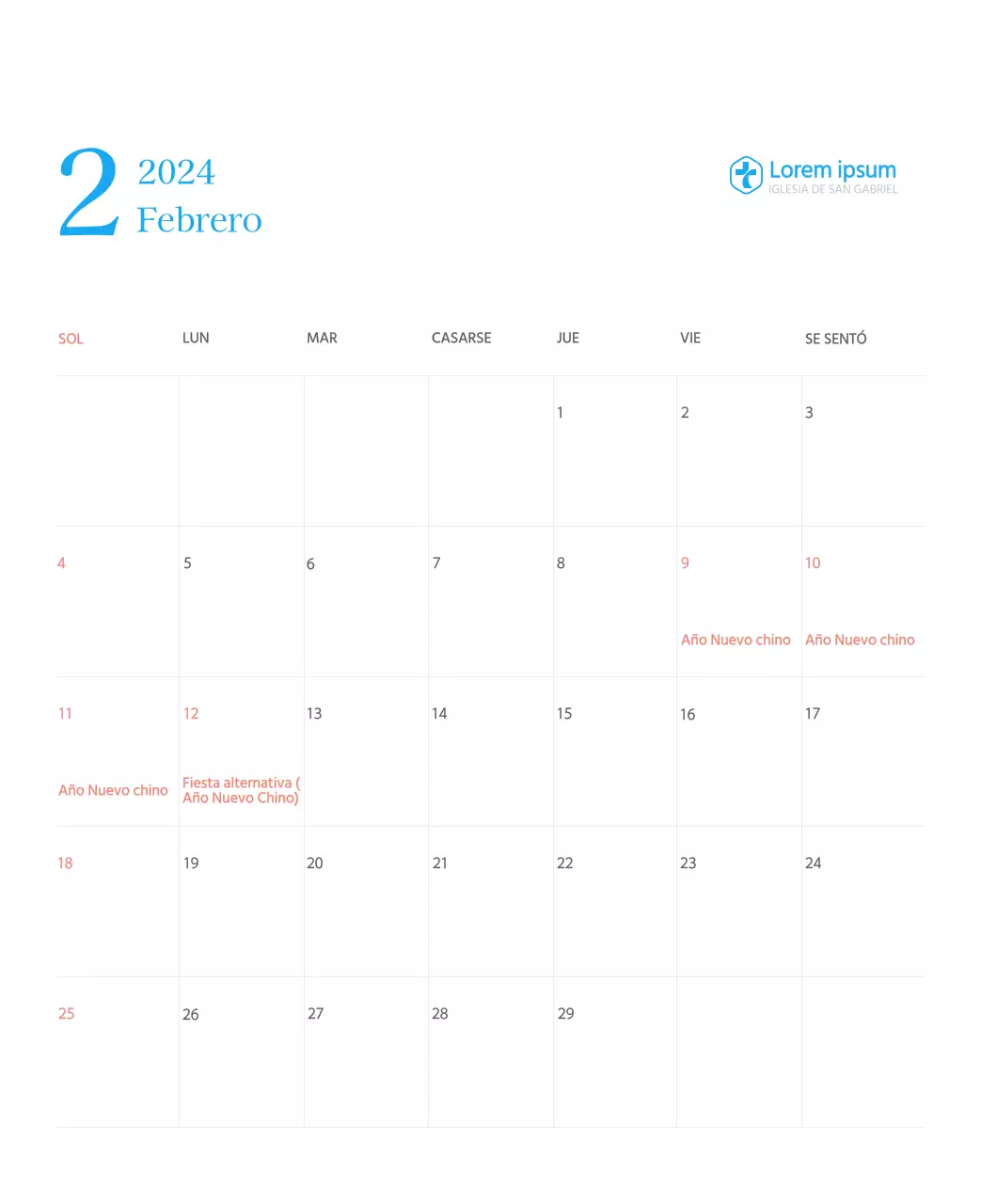 Calendario eclesiástico azul de concepto moderno