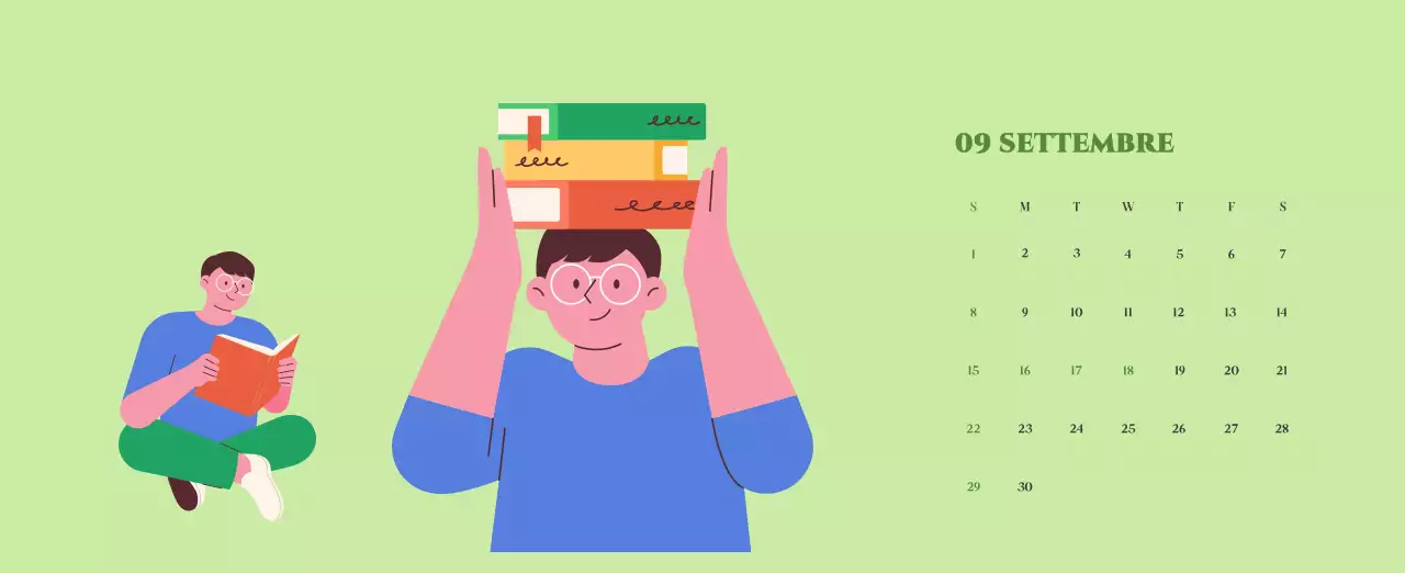 Calendario con illustrazioni giovanili su sfondo giallo e verde