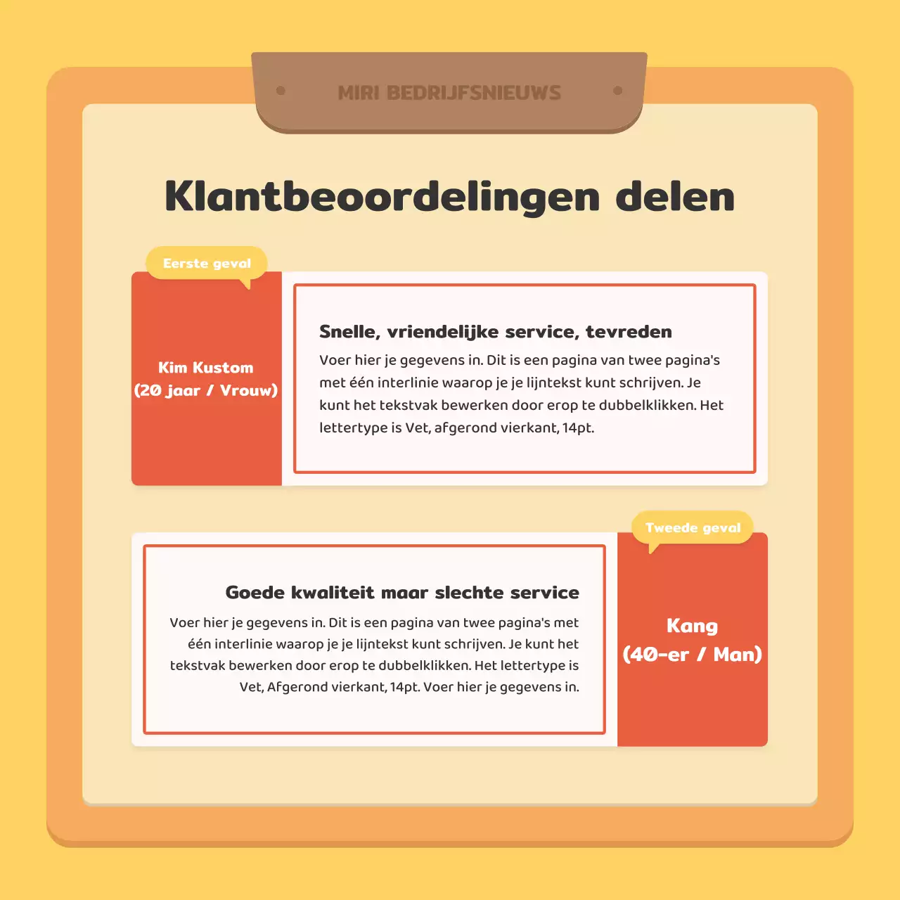 Een kitscherige zakelijke nieuwsbrief in rood en geel