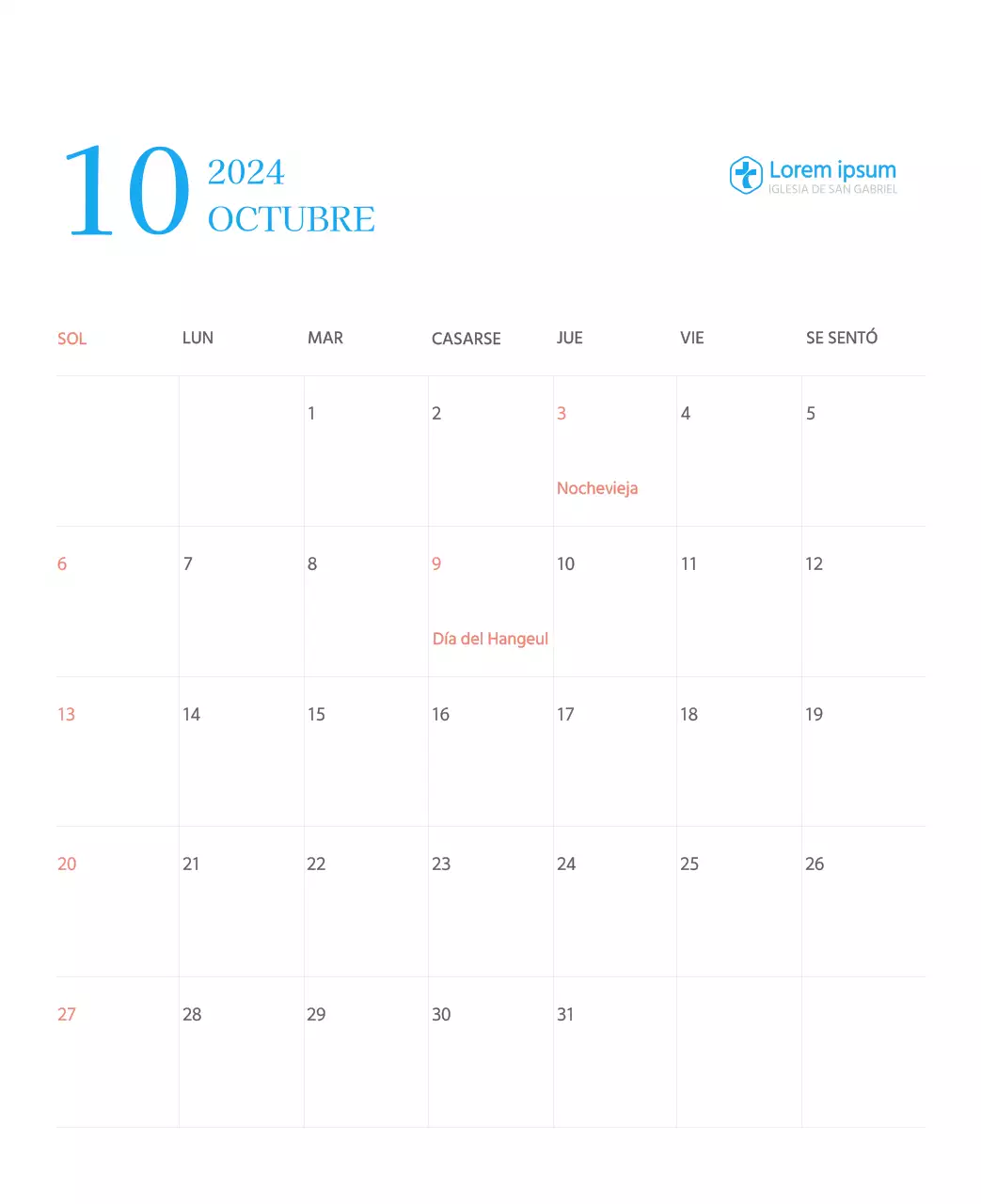 Calendario eclesiástico azul de concepto moderno