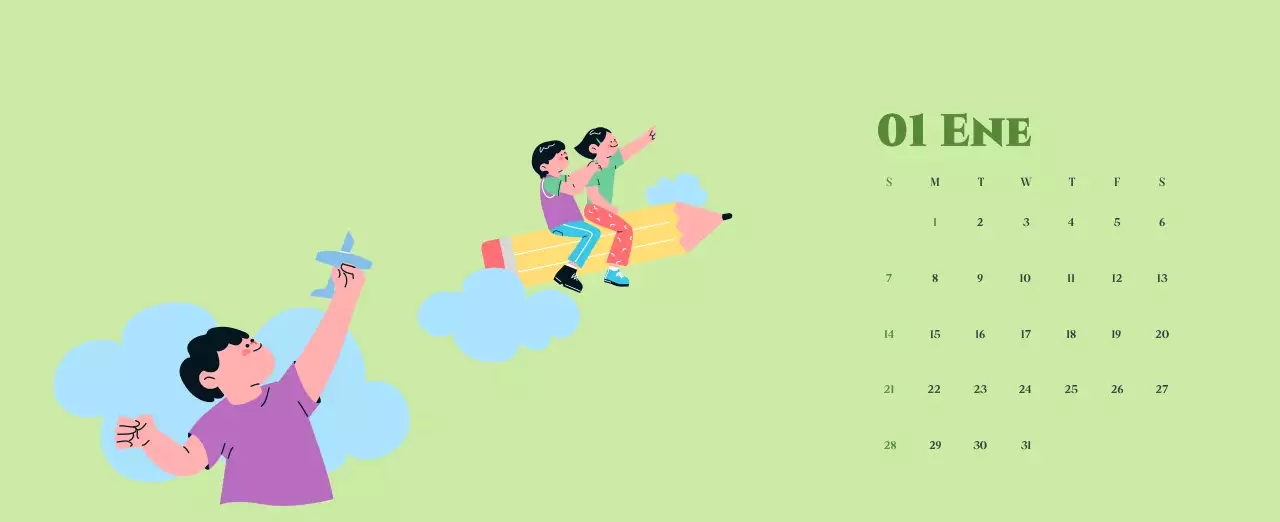 Calendario con ilustraciones juveniles sobre fondo amarillo y verde