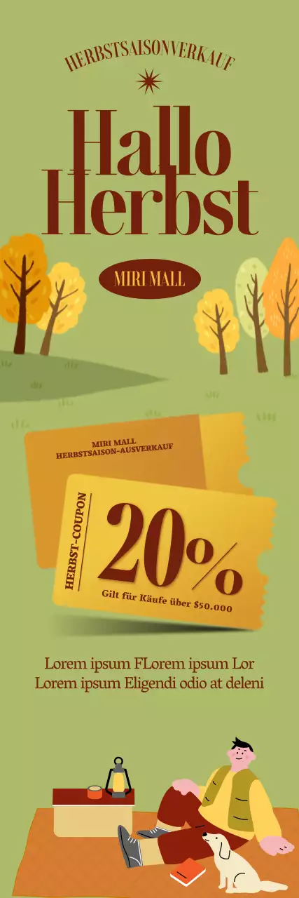 Eine Illustration einer Person, die ein Camping-Picknick in einem herbstlichen Feld macht, akzentuiert mit Coupon-Symbolen.