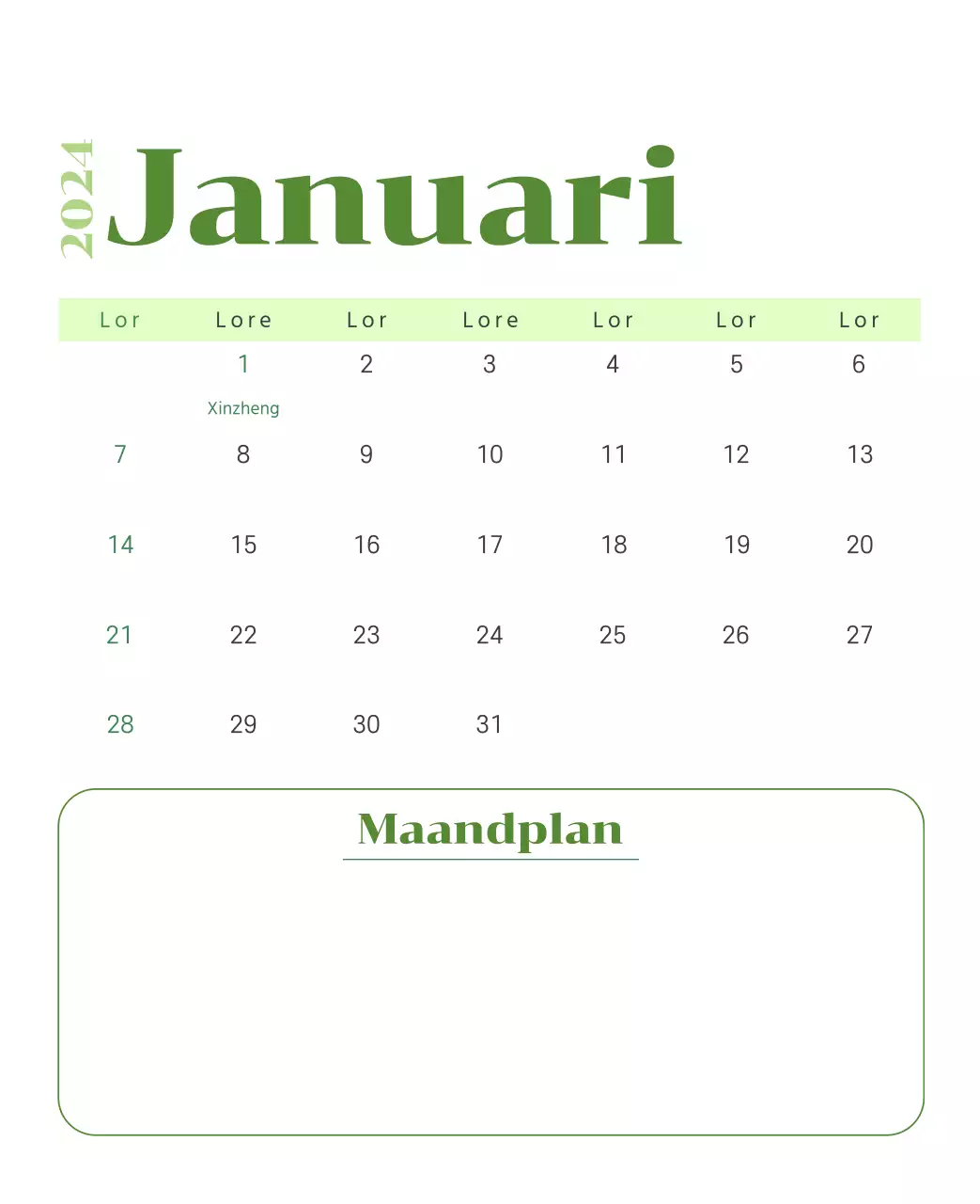 Kalender met jeugdillustraties op een gele en groene achtergrond
