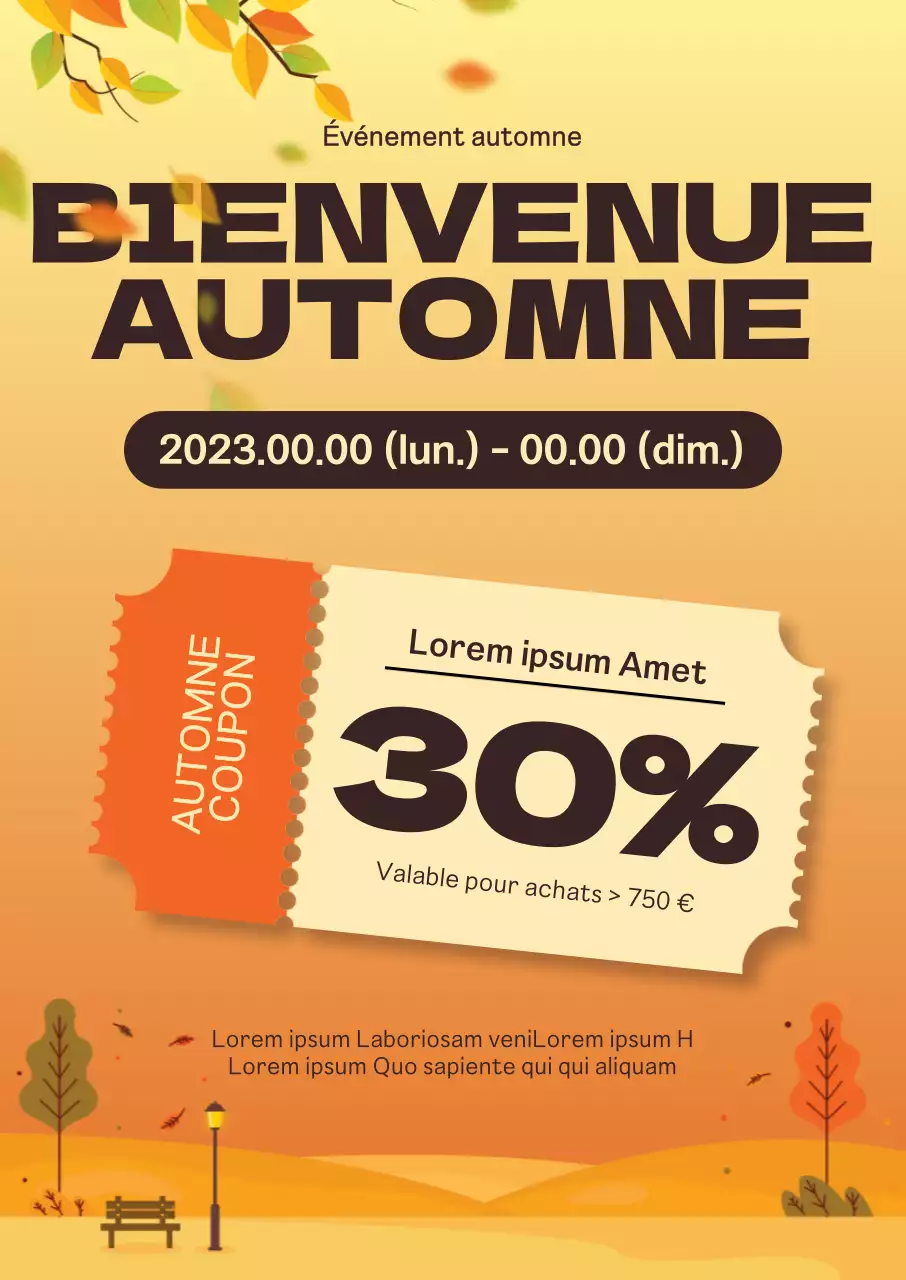 Réductions sur les achats d'automne avec des illustrations émotionnelles de paysages d'automne au coucher du soleil et des icônes de coupons.