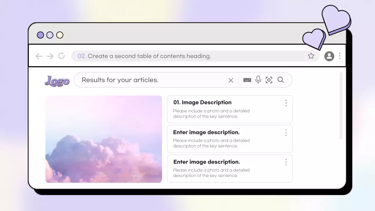 라벤더의 귀여운 하트배경이 있는 사이트 홍보