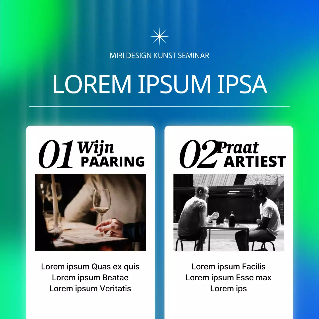 Kunstseminars in blauw en chartreuse cybernetisch promoten