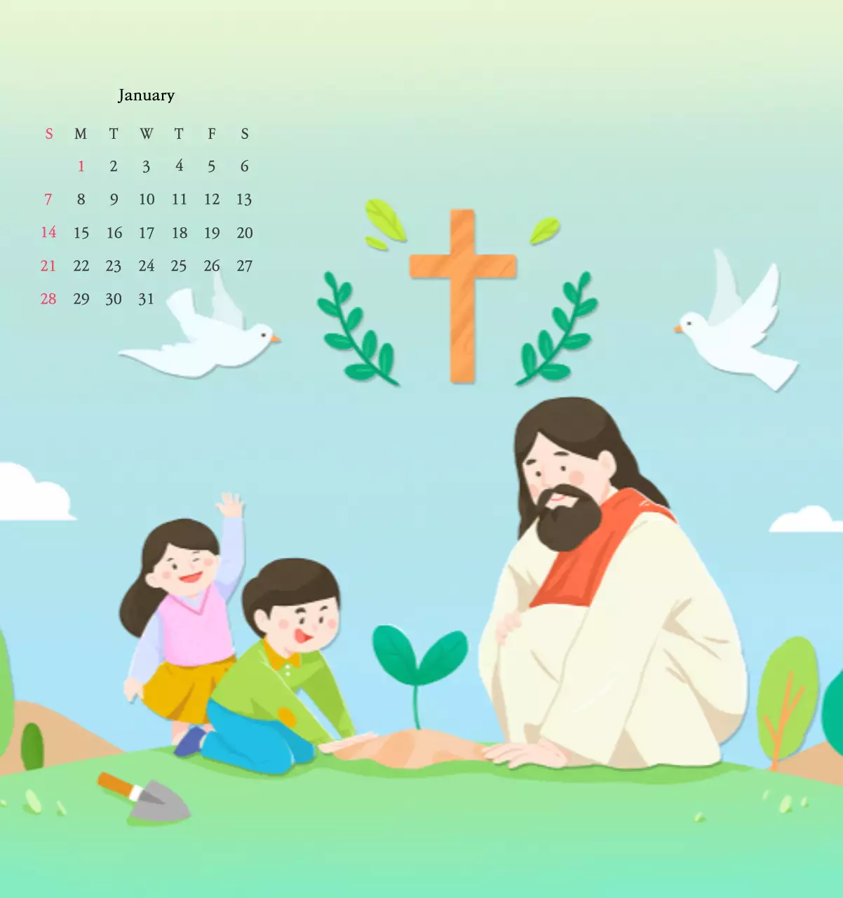 Church with cute illustrations in warm colors