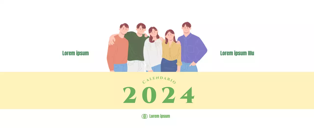 Calendario con ilustraciones juveniles sobre fondo amarillo y verde