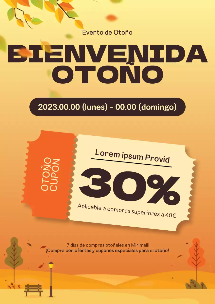 Descuentos para compras de otoño con emotivas ilustraciones de paisajes otoñales al atardecer e iconos de cupones.