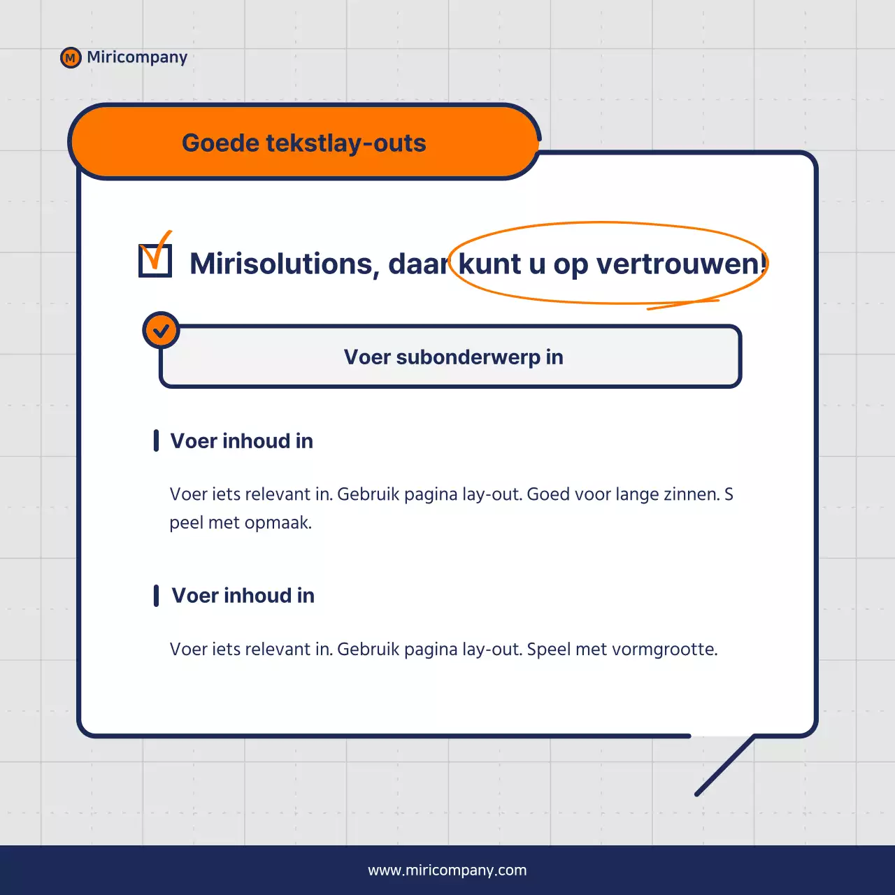 Minimalistisch voorstel voor een zakelijke pitch in oranje en marineblauw