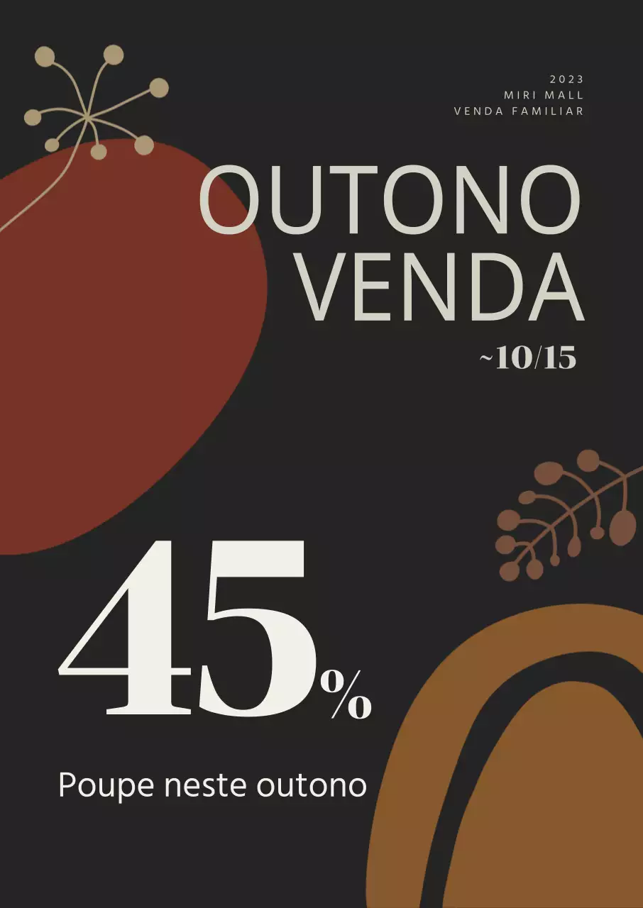 Promoção de outono que destaca um desconto com elementos gráficos outonais castanhos sobre um fundo preto