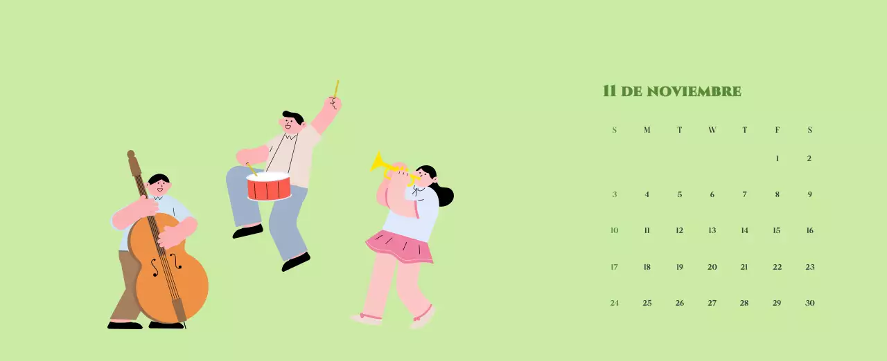 Calendario con ilustraciones juveniles sobre fondo amarillo y verde