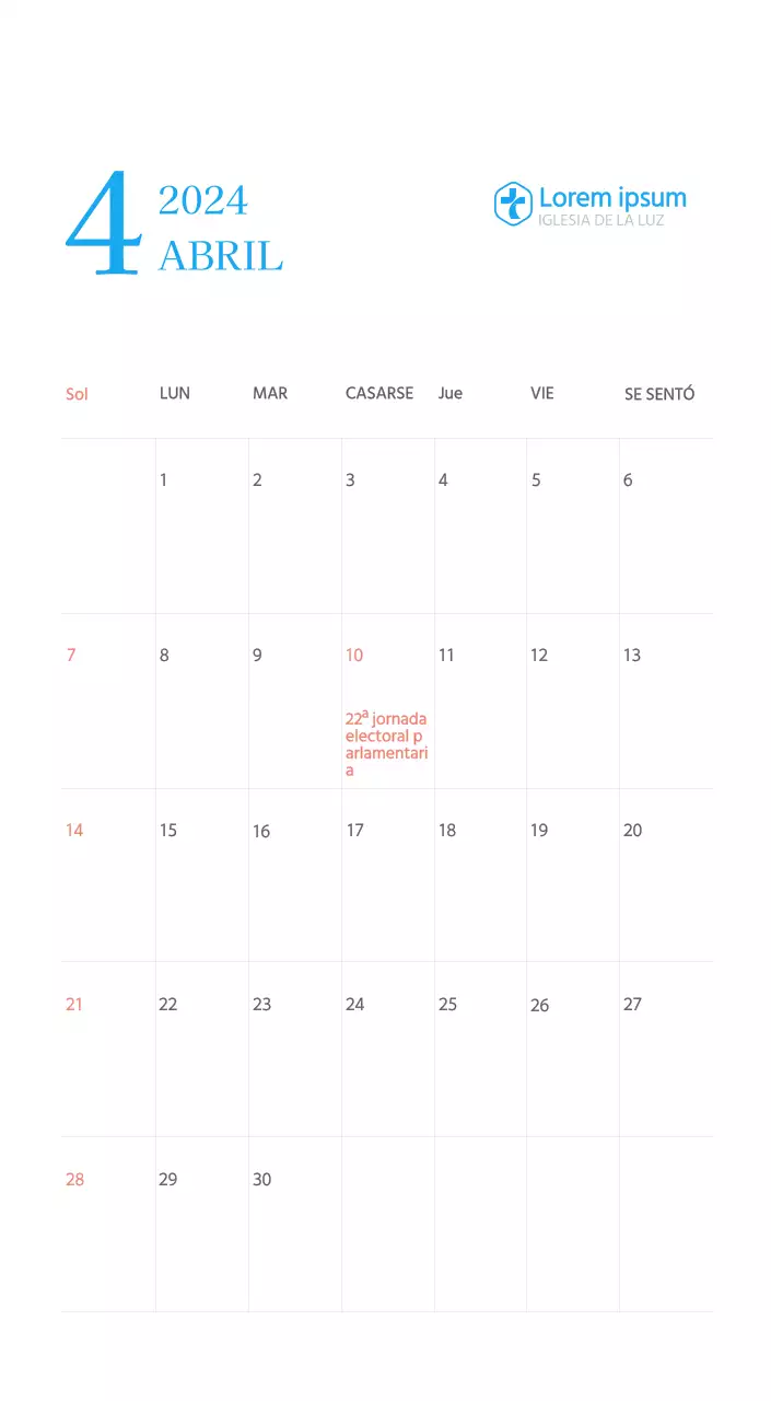 Calendario eclesiástico azul de concepto moderno