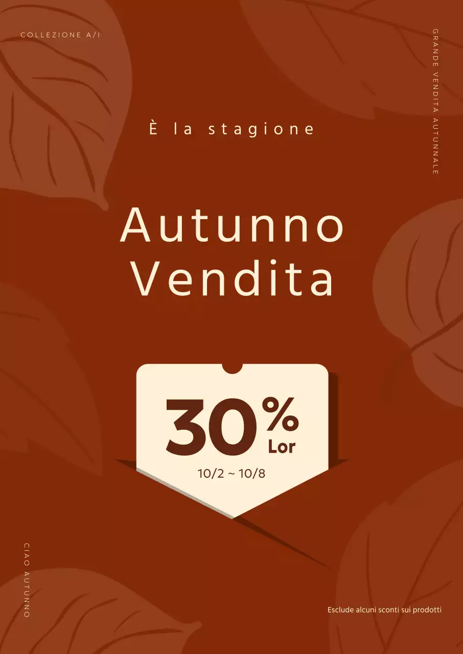 Promozione autunnale che evidenzia uno sconto con un motivo grafico a foglie su sfondo marrone