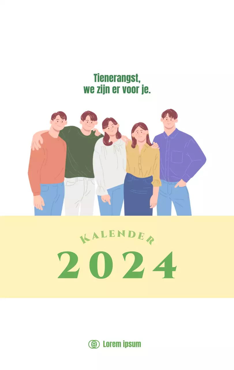 Kalender met jeugdillustraties op een gele en groene achtergrond