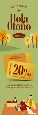 Ilustración de una persona haciendo un picnic de acampada en un campo otoñal, acentuada con iconos de cupones.