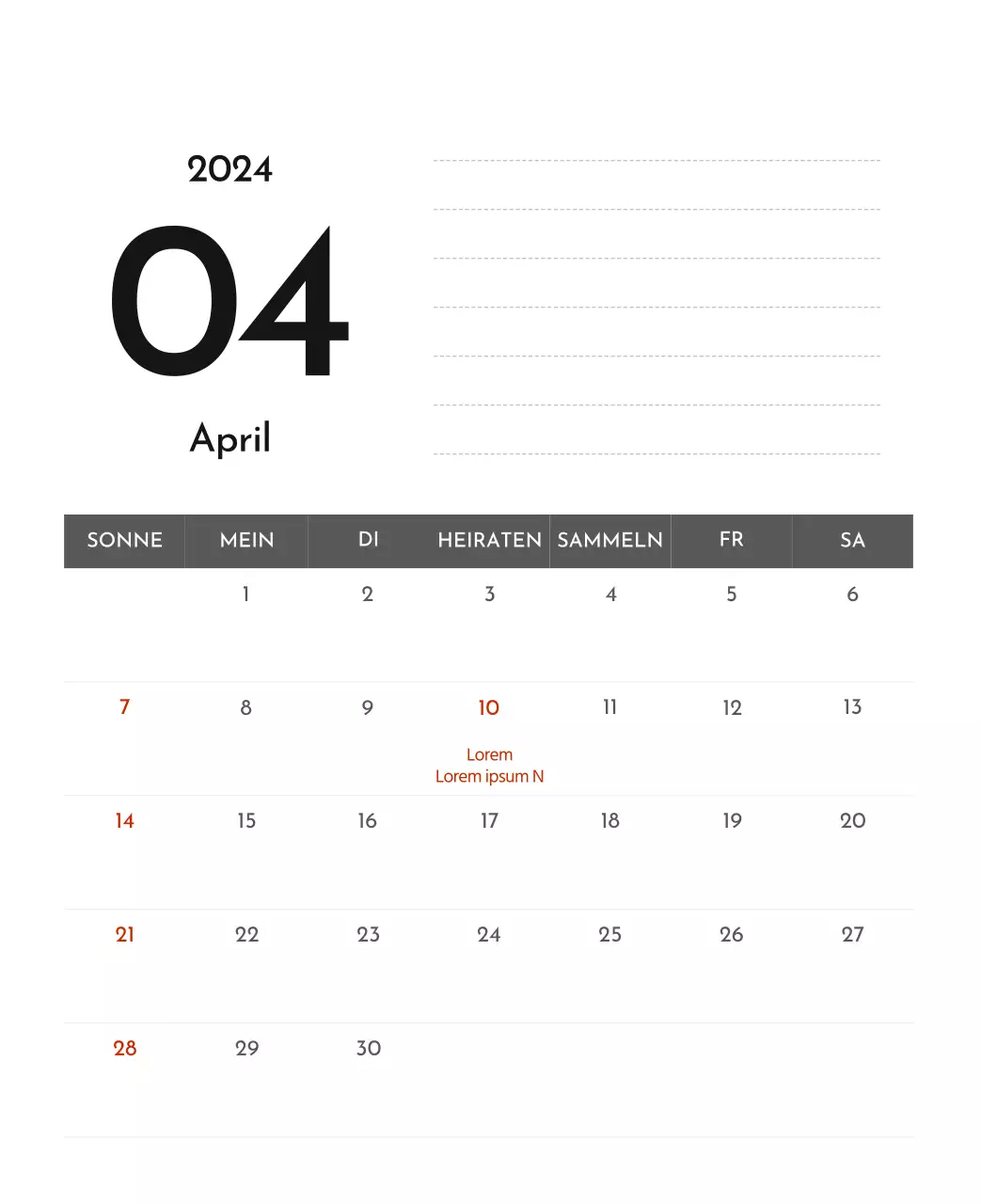 Ein einfacher Unternehmenskalender in Grau