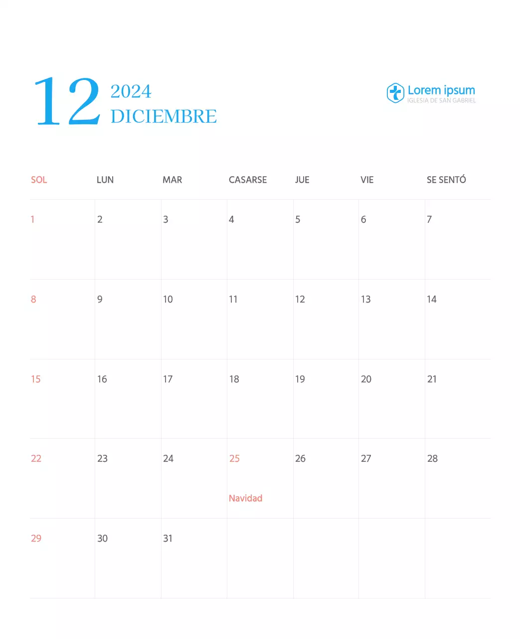 Calendario eclesiástico azul de concepto moderno