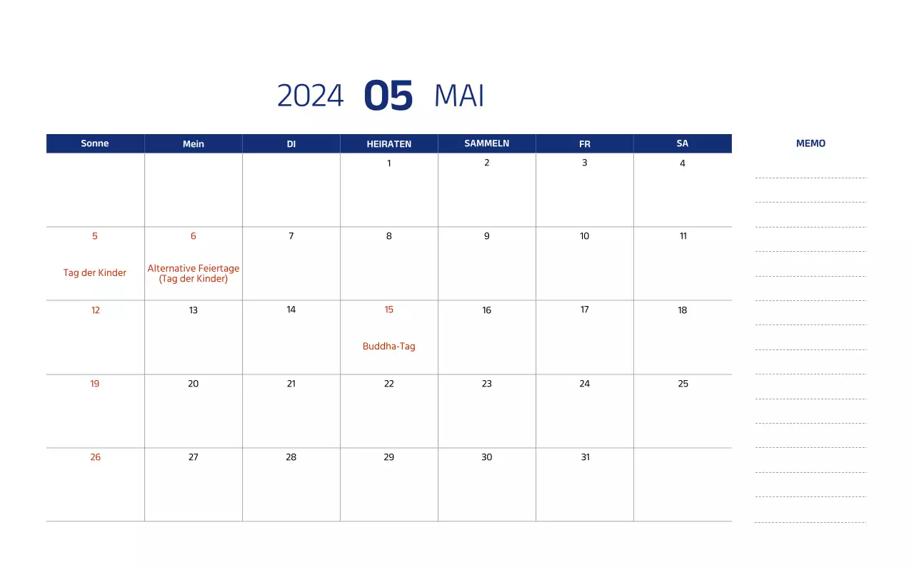 Einfacher Kalender mit klaren Illustrationen in Blau