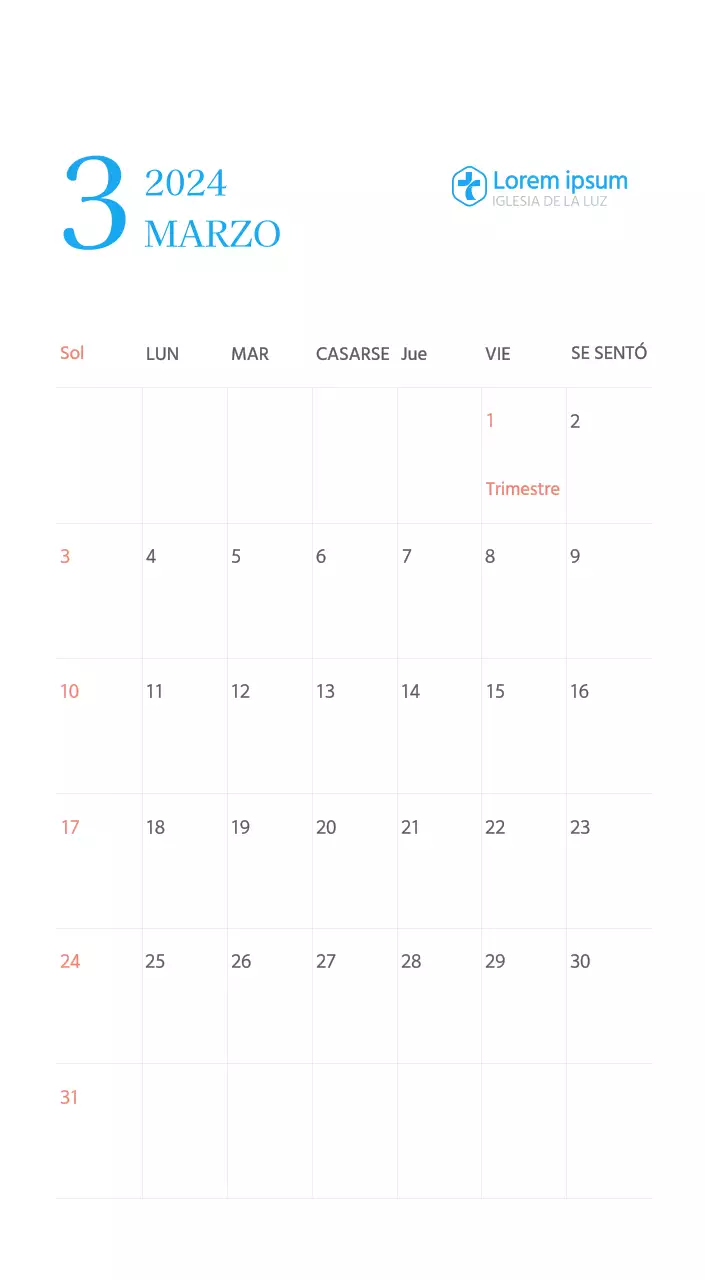 Calendario eclesiástico azul de concepto moderno