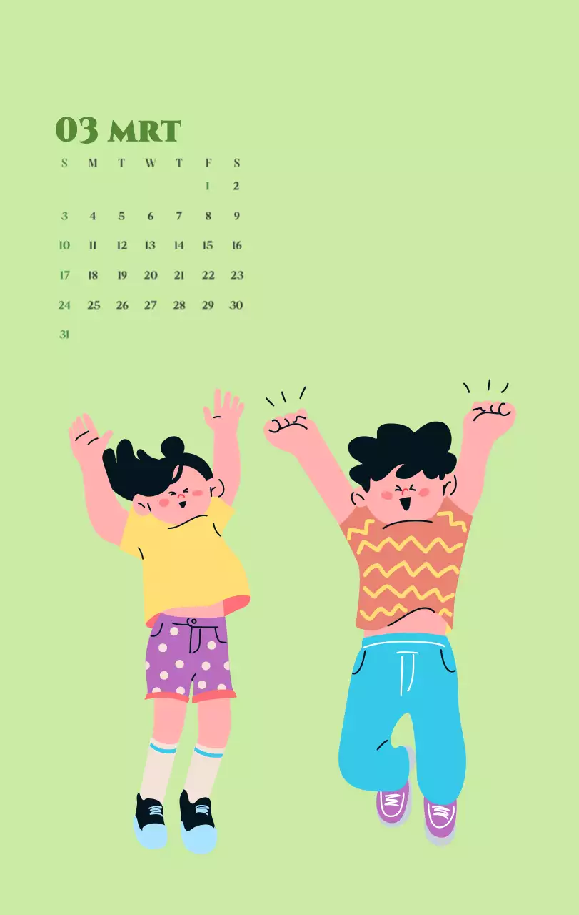 Kalender met jeugdillustraties op een gele en groene achtergrond