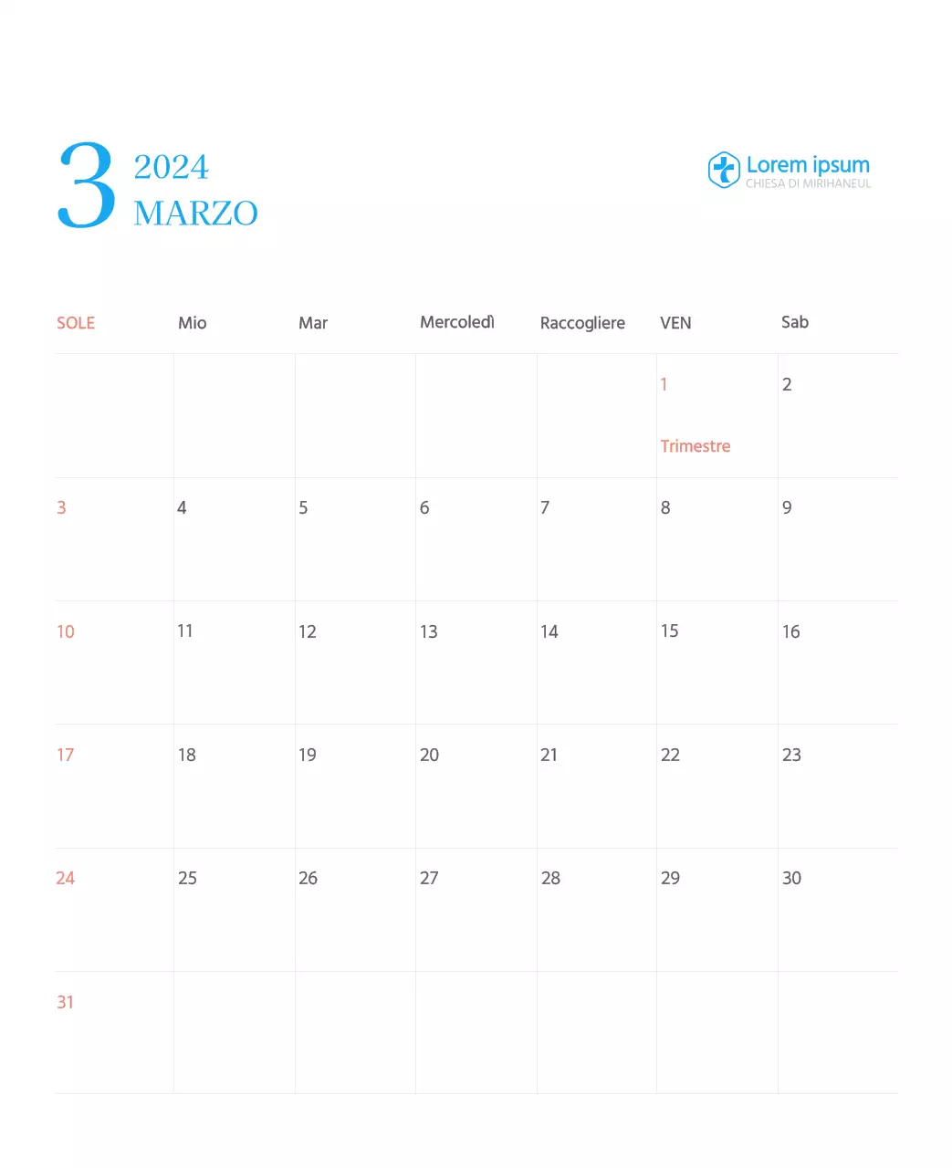 Calendario ecclesiastico blu di concezione moderna