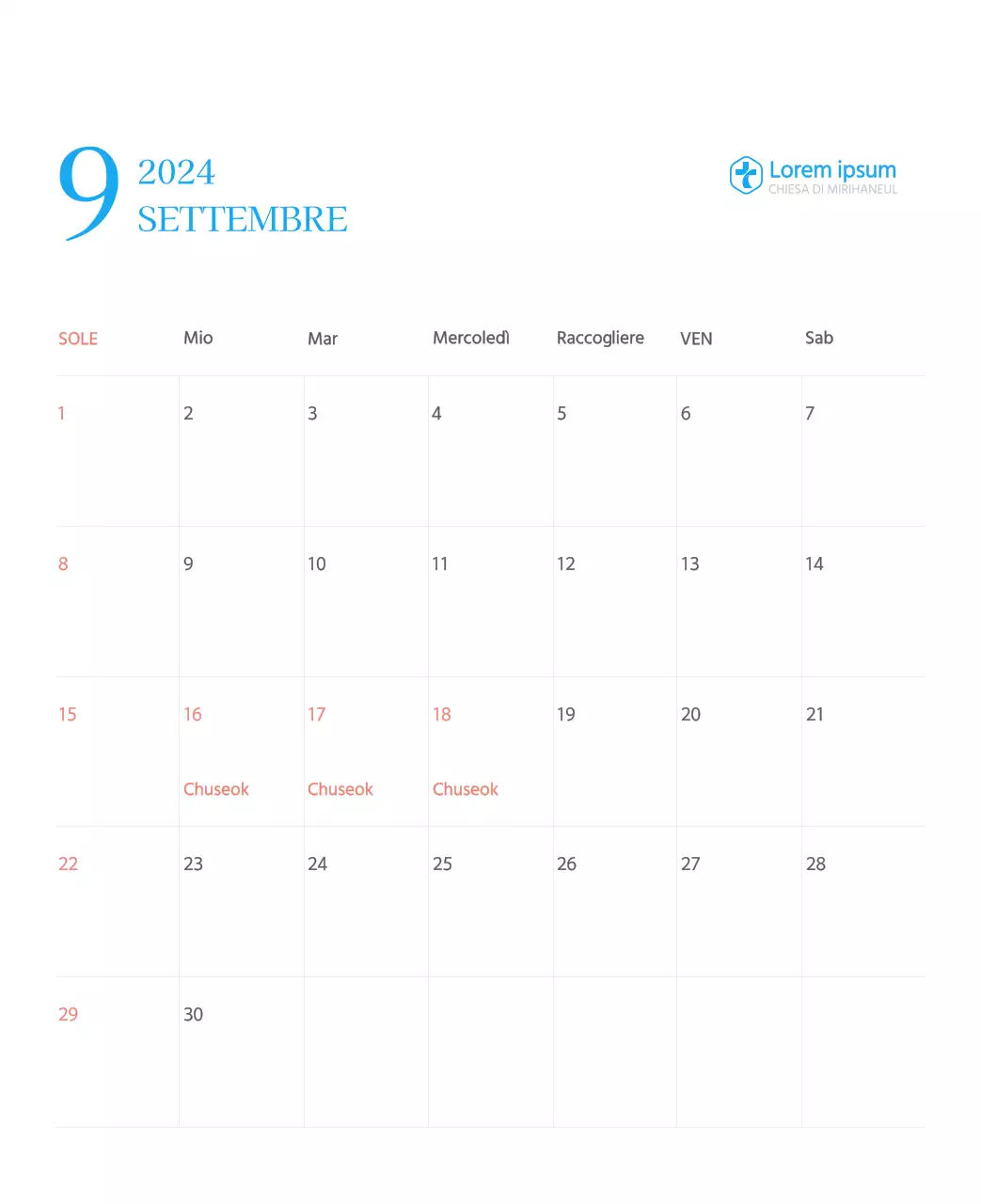 Calendario ecclesiastico blu di concezione moderna