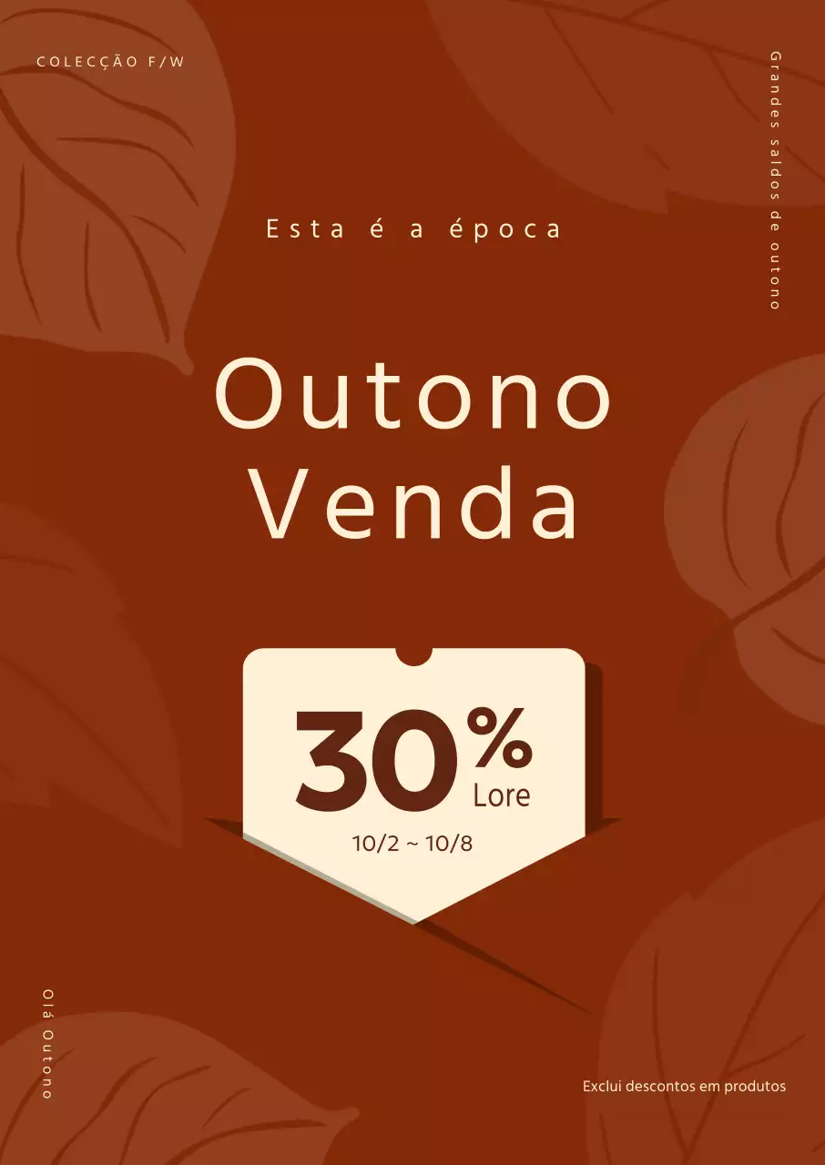 Promoção de outono que destaca um desconto com um padrão gráfico de folhas sobre um fundo castanho