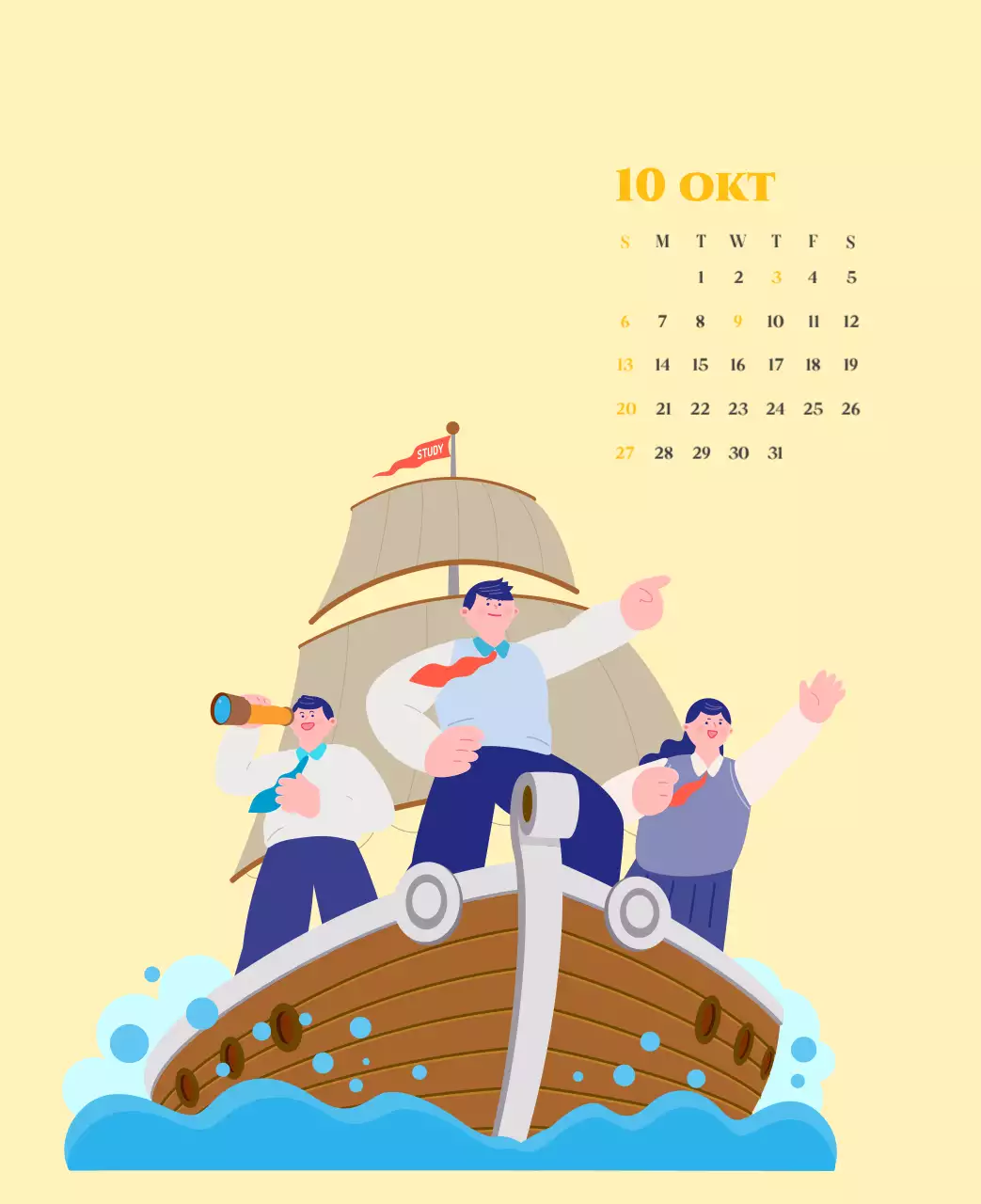 Kalender met jeugdillustraties op een gele en groene achtergrond