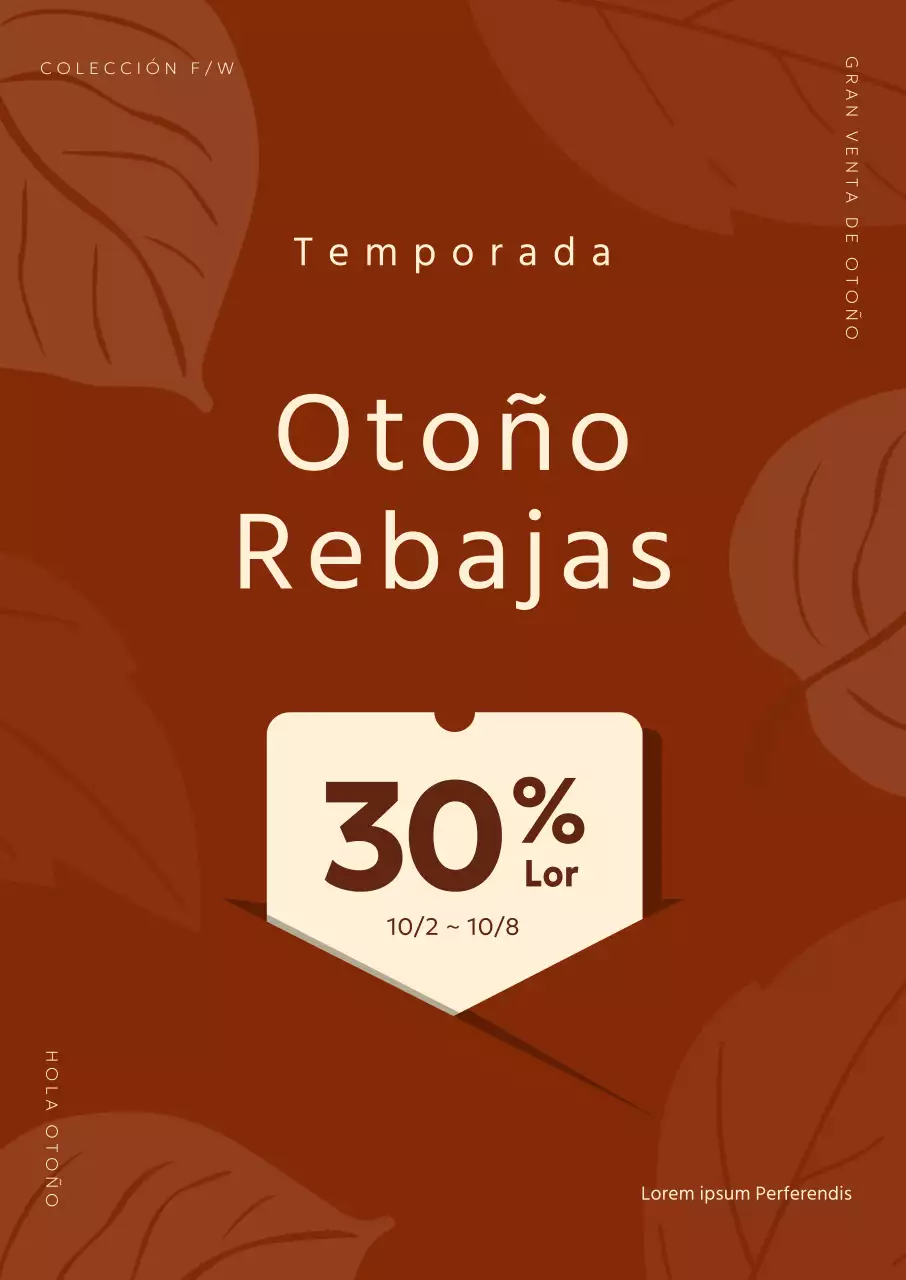 Promoción de otoño que destaca un descuento con un patrón gráfico de hojas sobre fondo marrón