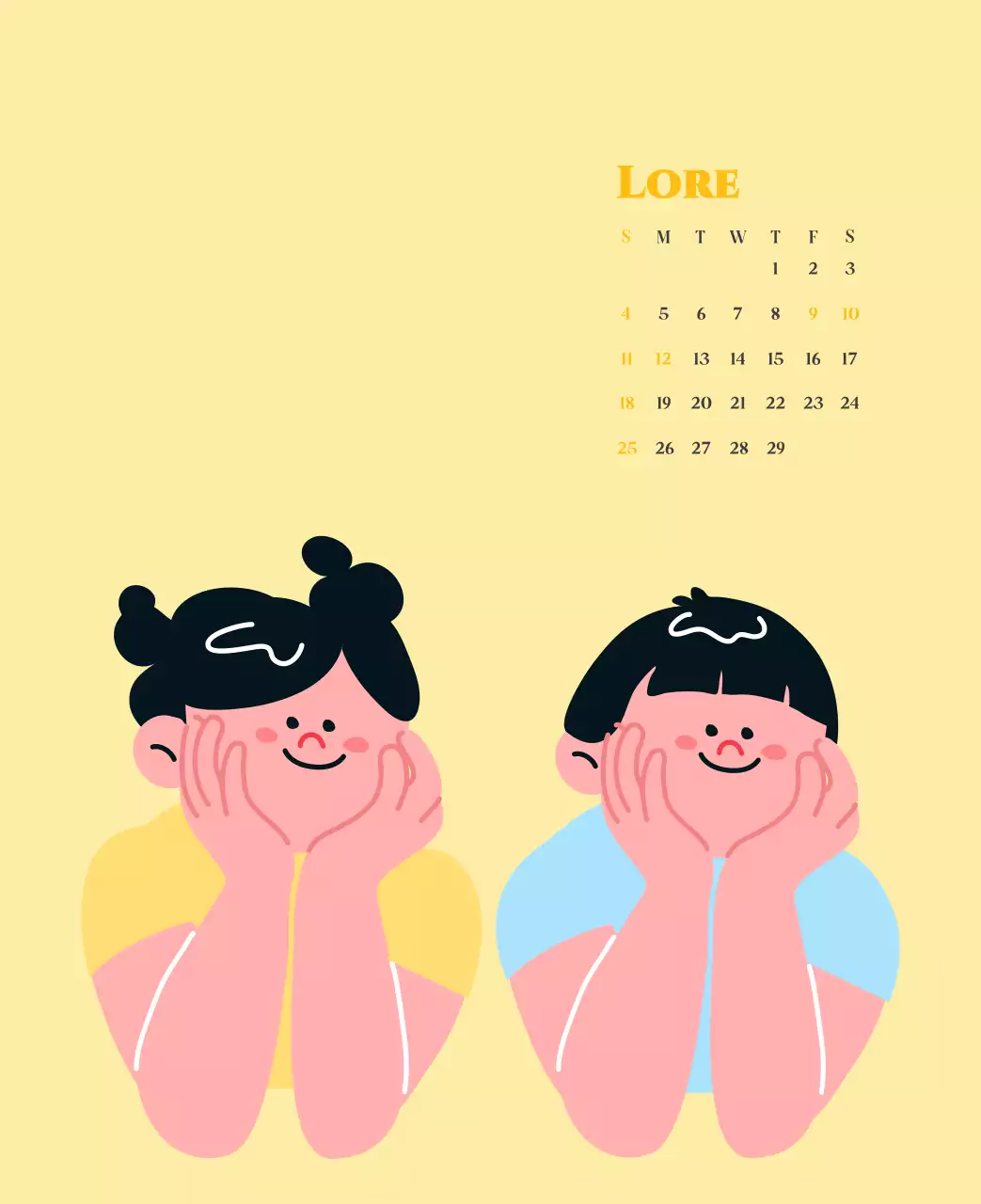 Kalender met jeugdillustraties op een gele en groene achtergrond