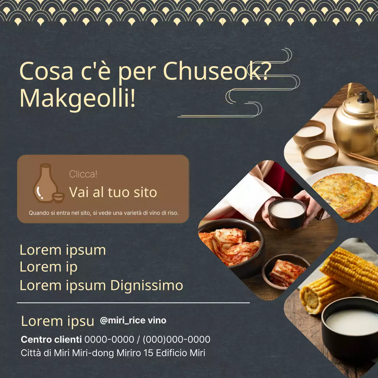 Promuovere l'abbinamento di cibi orientali blu navy e gialli con il vino di riso