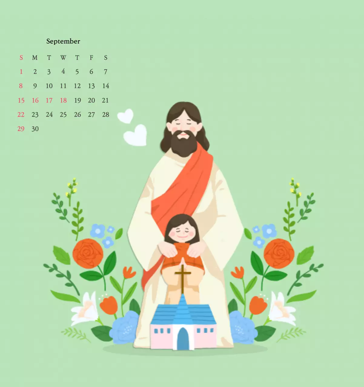 Church with cute illustrations in warm colors