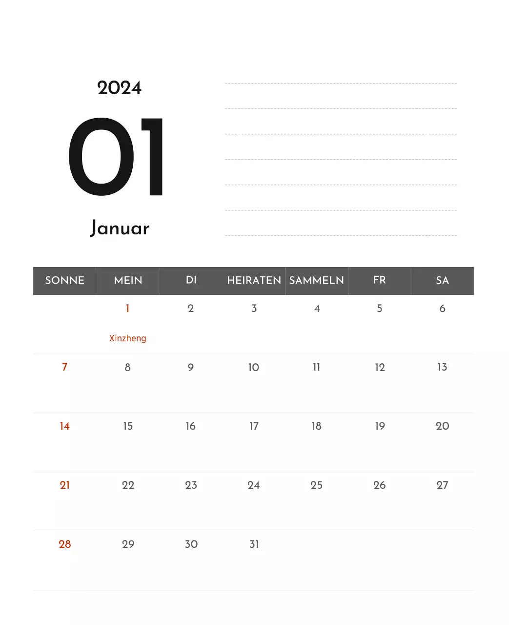 Ein einfacher Unternehmenskalender in Grau