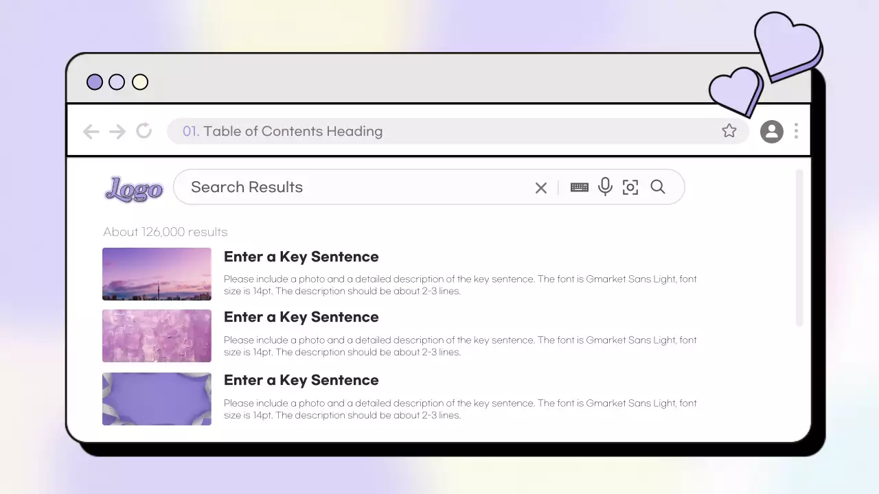 라벤더의 귀여운 하트배경이 있는 사이트 홍보