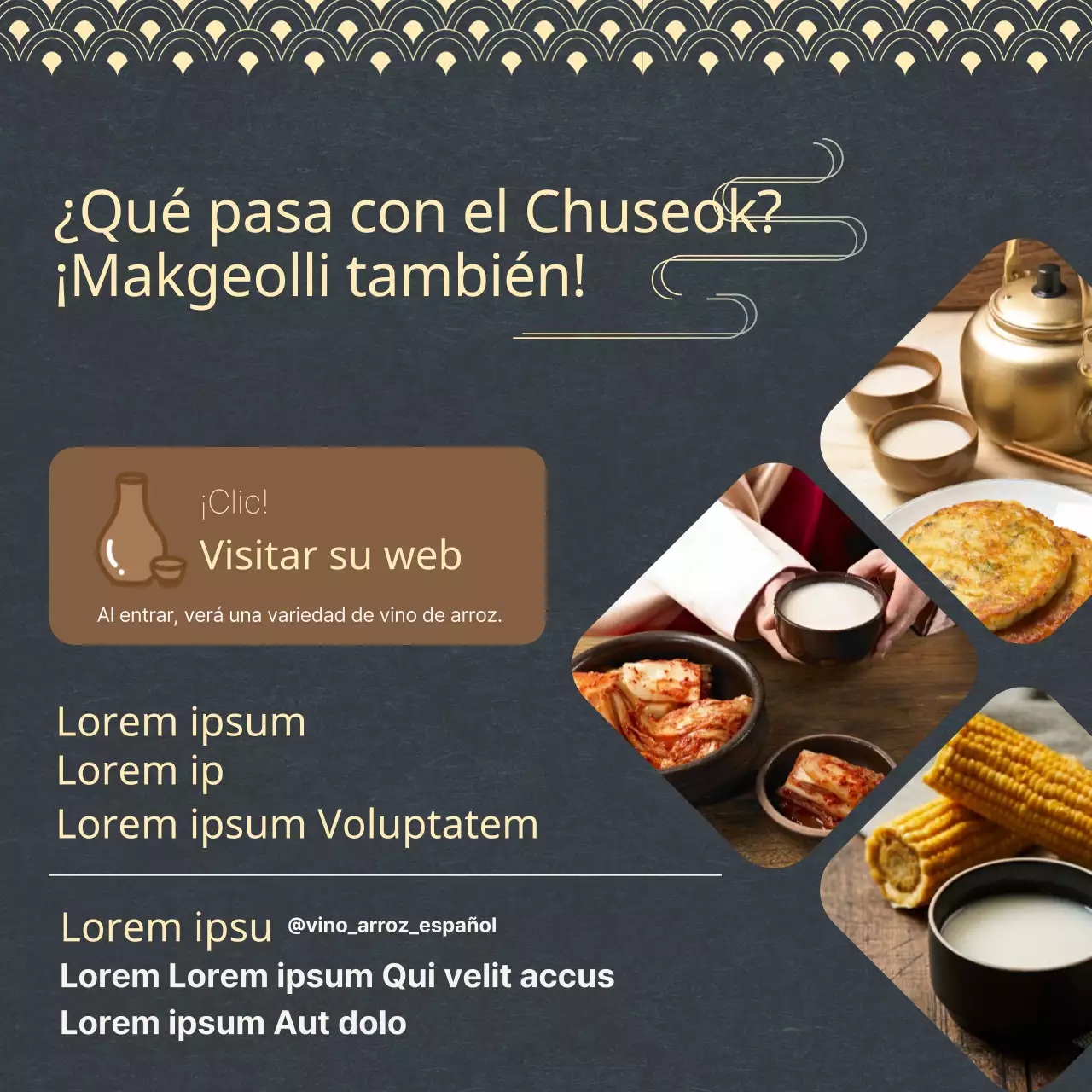 Promover el maridaje de comida oriental azul marino y amarillo con vino de arroz