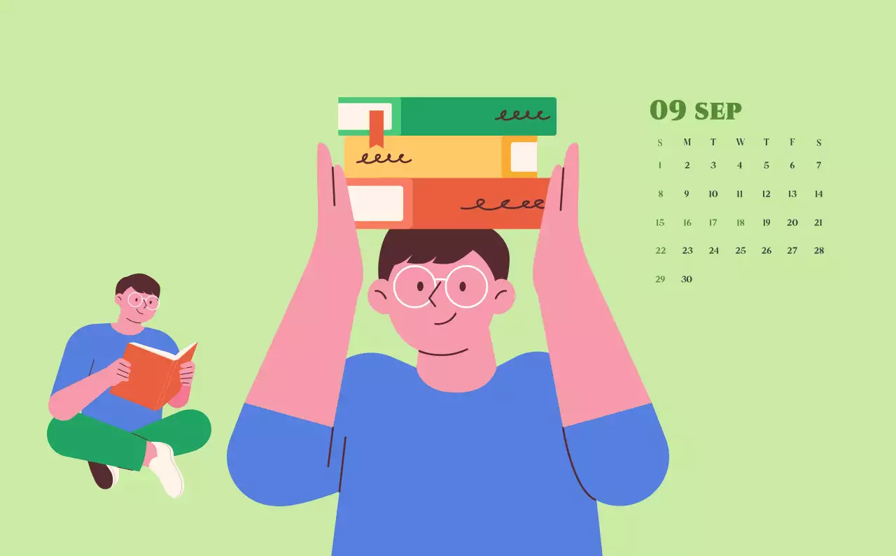 Kalender met jeugdillustraties op een gele en groene achtergrond