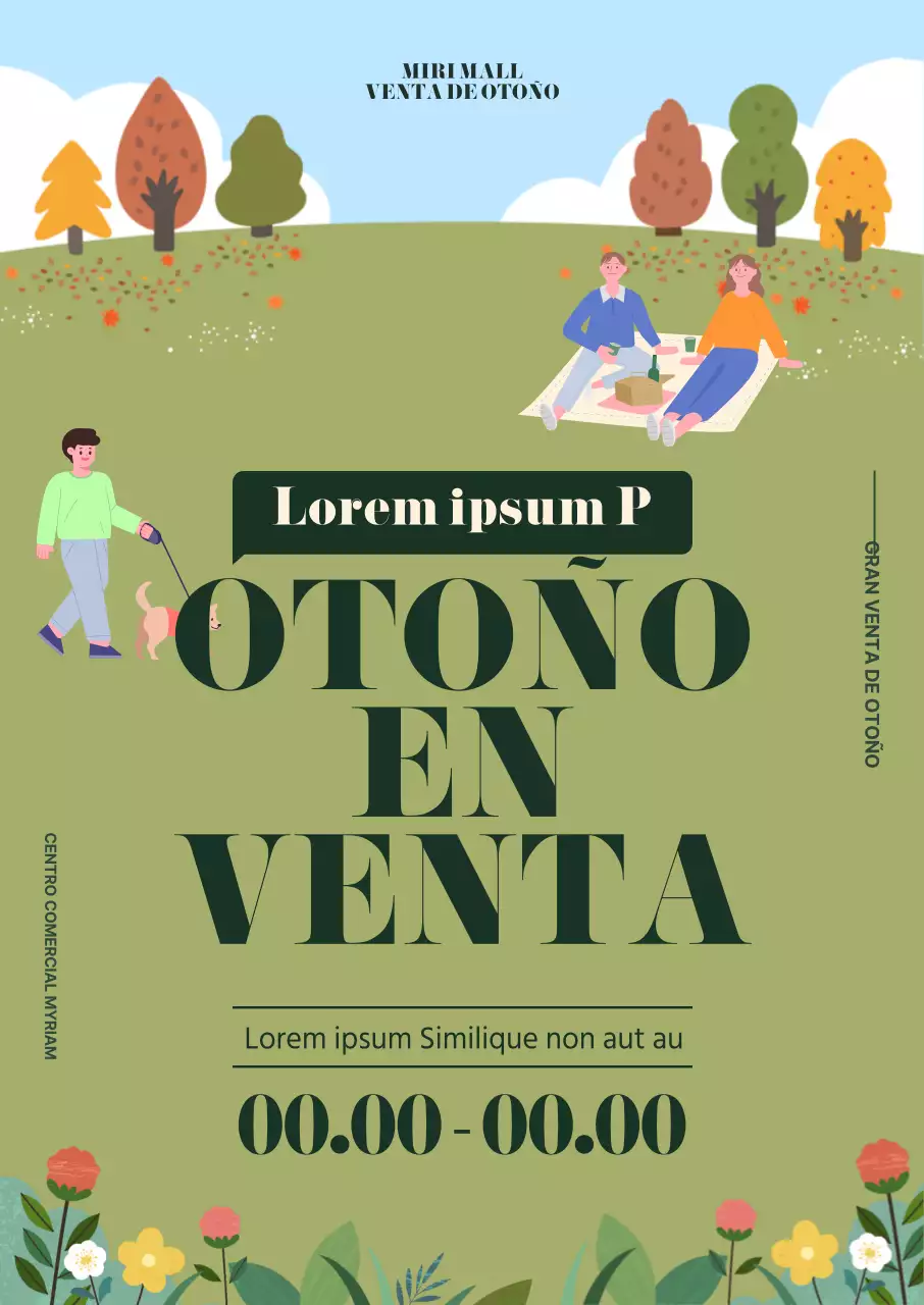 Descuentos de compras otoñales resaltados por ilustraciones de personas haciendo picnic en campos de flores otoñales.