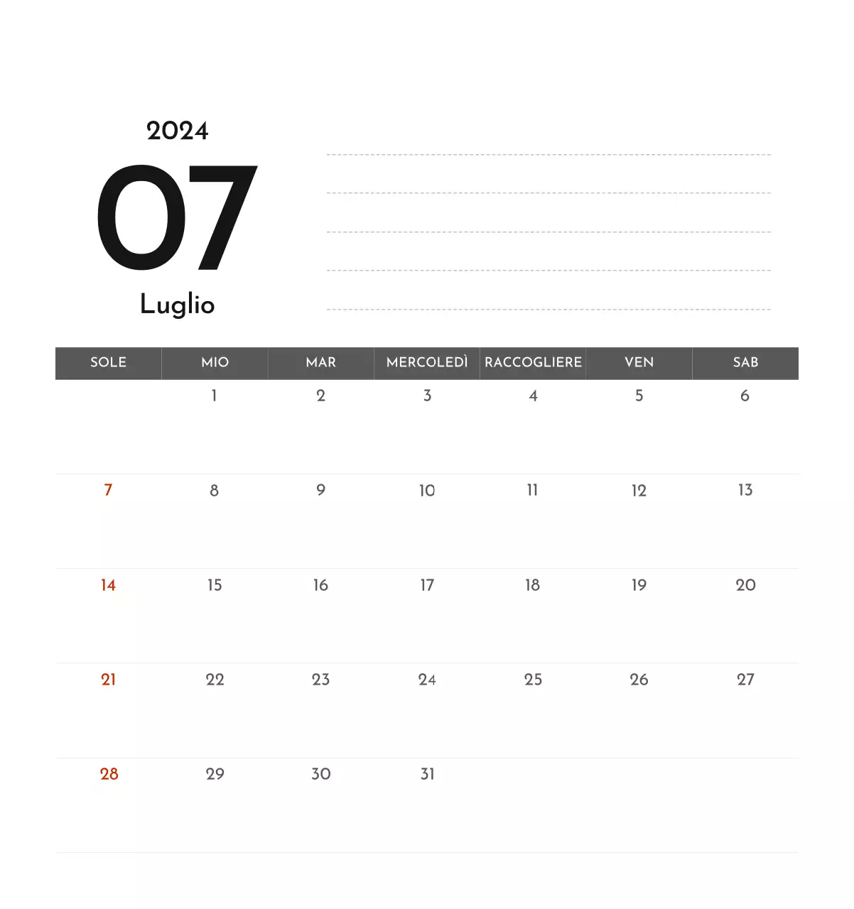 Un semplice calendario aziendale in grigio