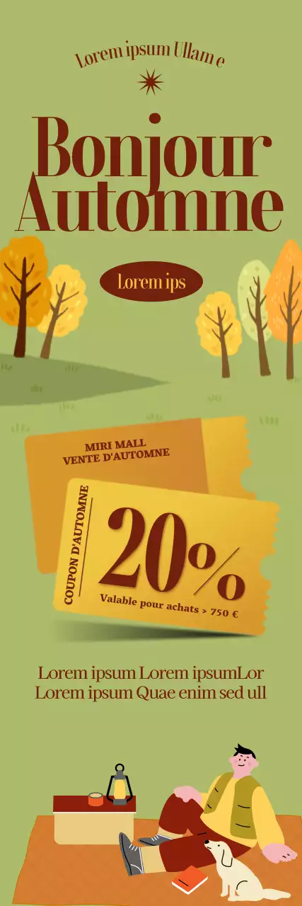 Illustration d'une personne faisant un pique-nique en camping dans un champ d'automne, agrémentée d'icônes de coupons.