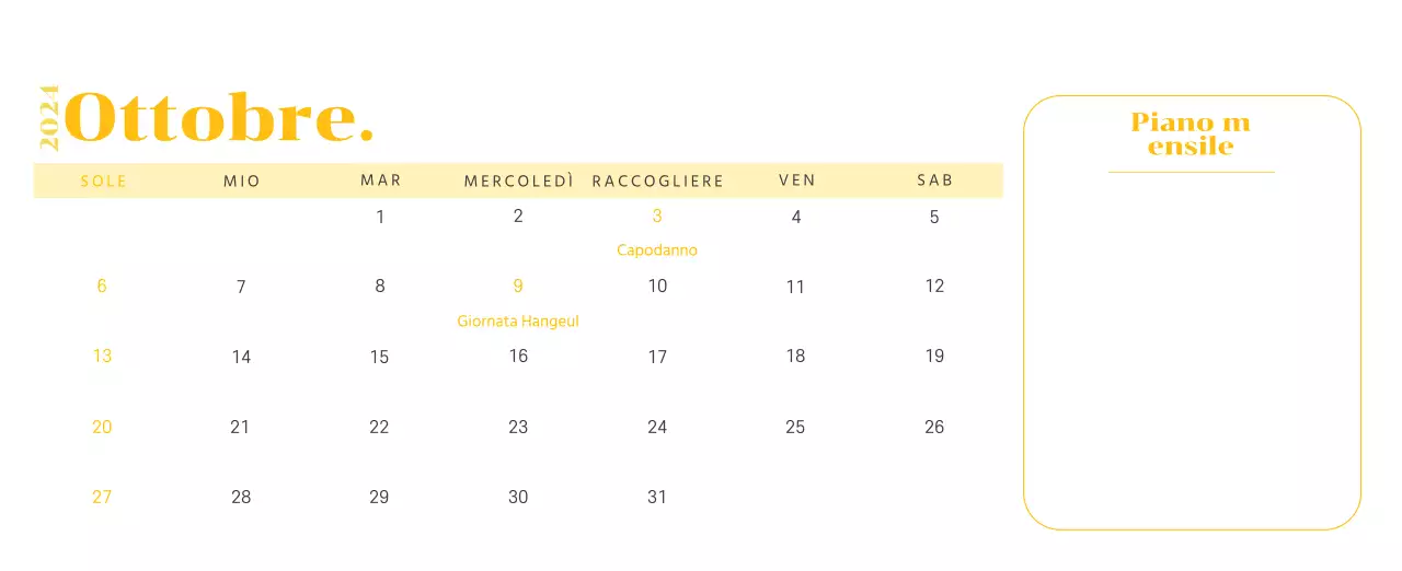 Calendario con illustrazioni giovanili su sfondo giallo e verde
