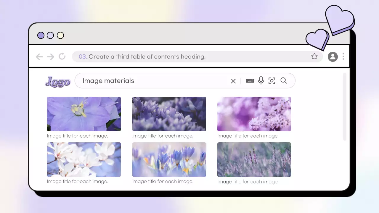 라벤더의 귀여운 하트배경이 있는 사이트 홍보