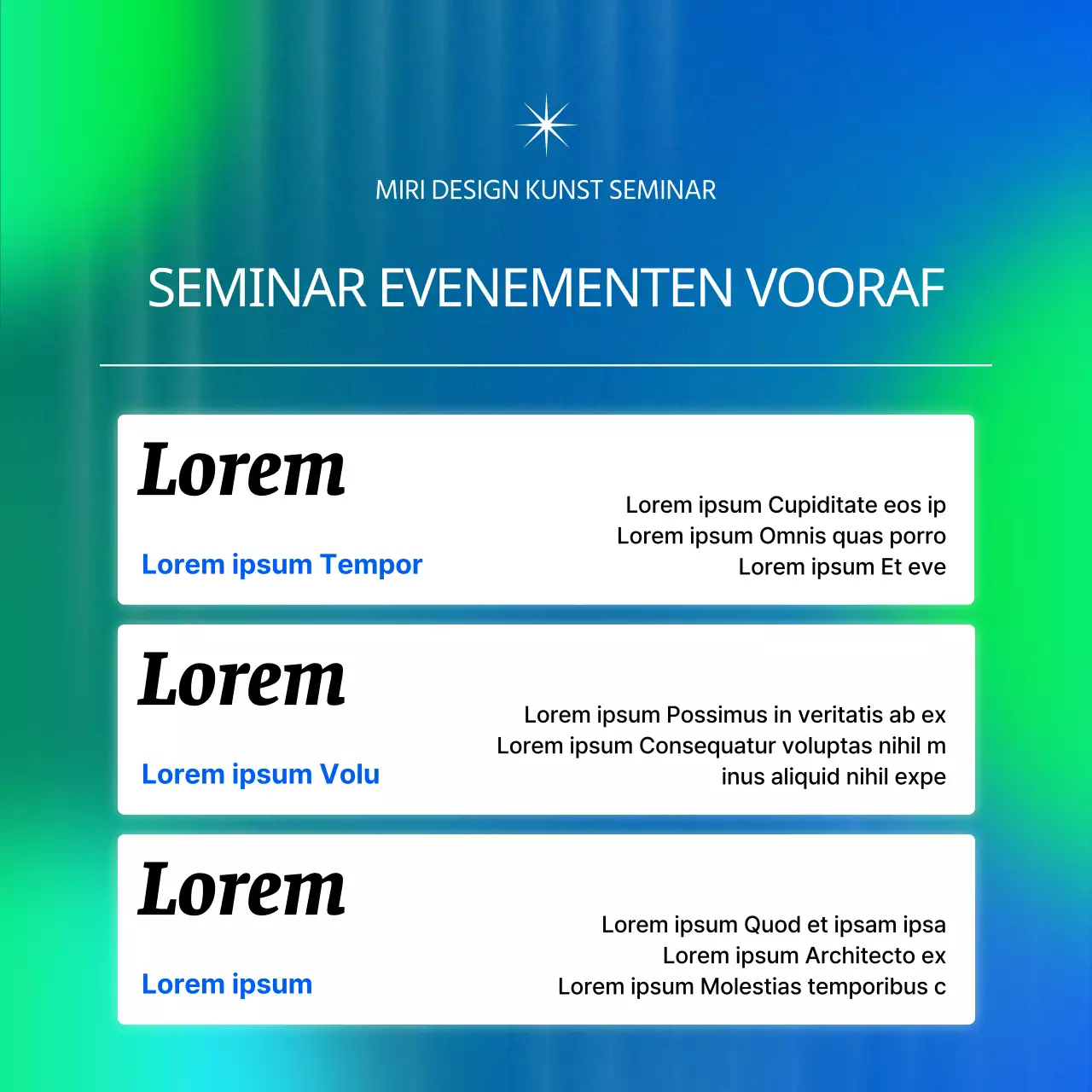 Kunstseminars in blauw en chartreuse cybernetisch promoten