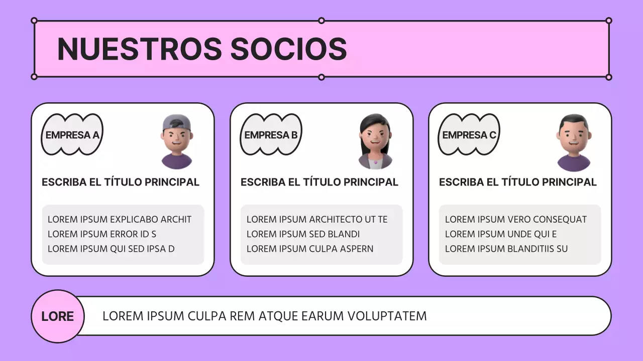 Una presentación de empresa kitsch en rosa y malva con un perfil de empresa