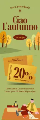 Illustrazione di una persona che fa un picnic in campeggio in un campo autunnale, accentuata da icone di coupon.